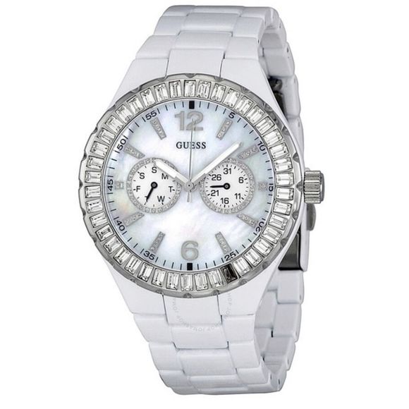 💎Guess White/Mother of Pearl/Swarovski‎ Crystal Emerald Cut Chrono Watch💎 - Picture 1 of 9